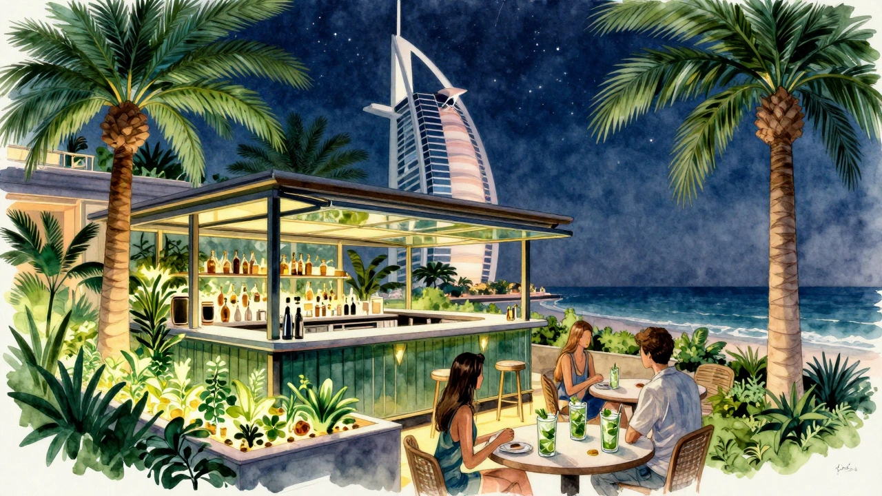 Skyview Bar's rooftop garden with palm trees and open glass panels, stars above the Arabian Gulf at twilight.