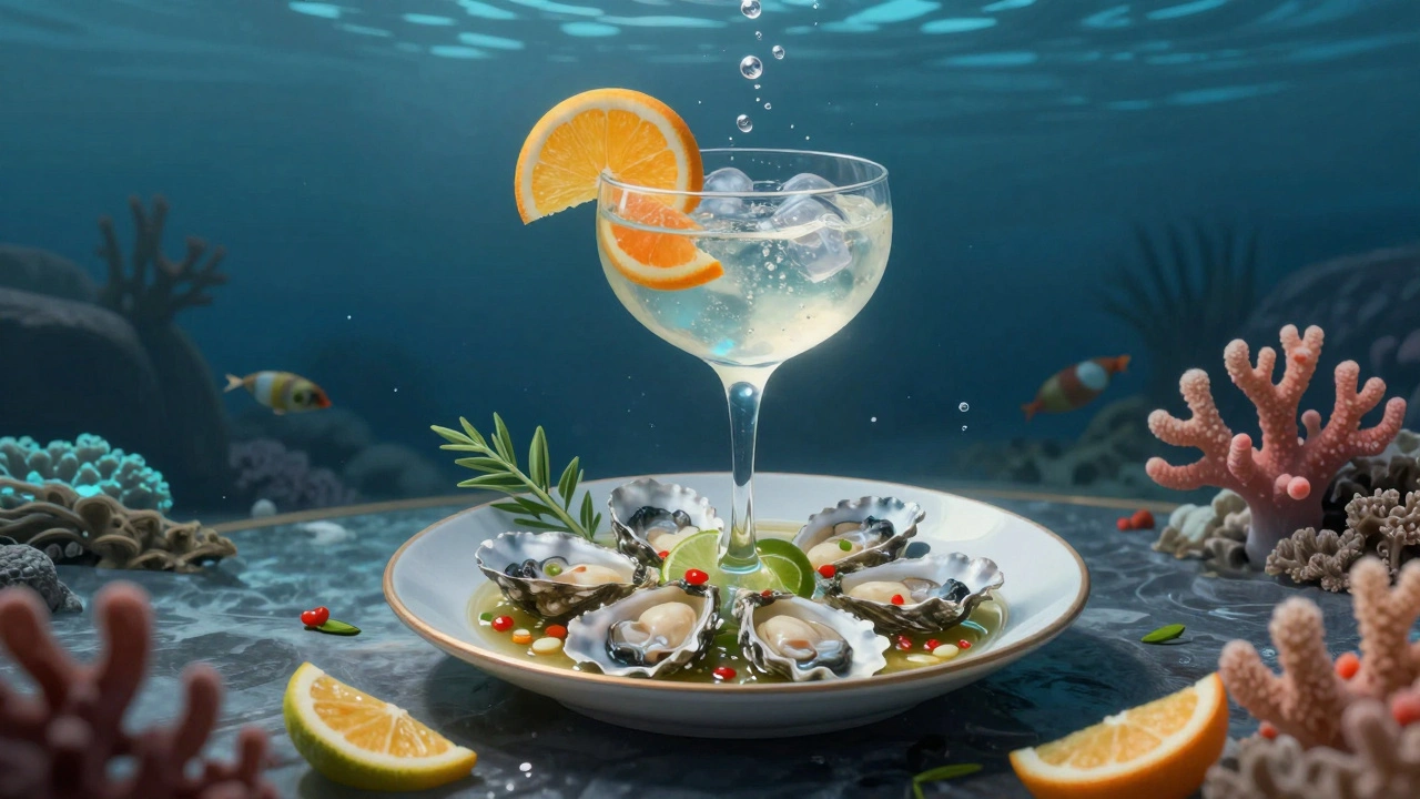 Underwater cocktail pairing of gin tonic with oyster ceviche in a glowing ocean lounge.
