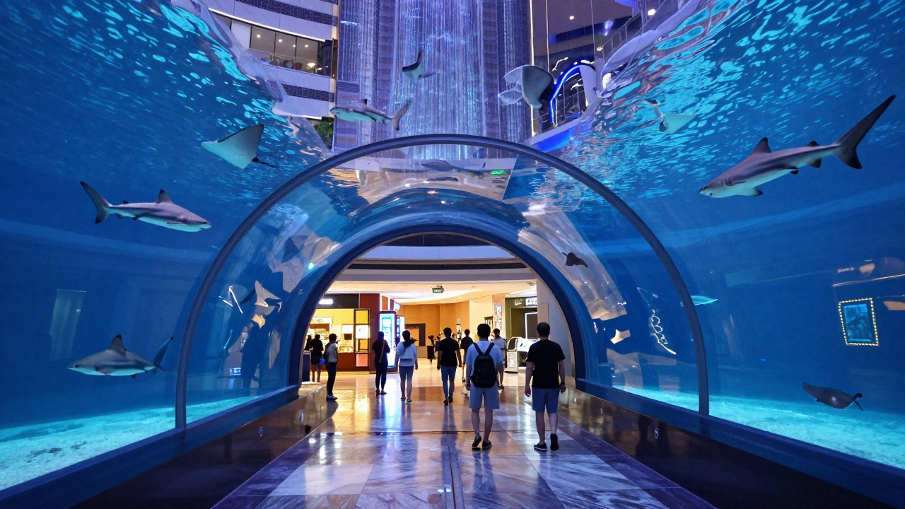Underwater tunnel in Dubai Mall with sharks swimming overhead and a waterfall in the background.
