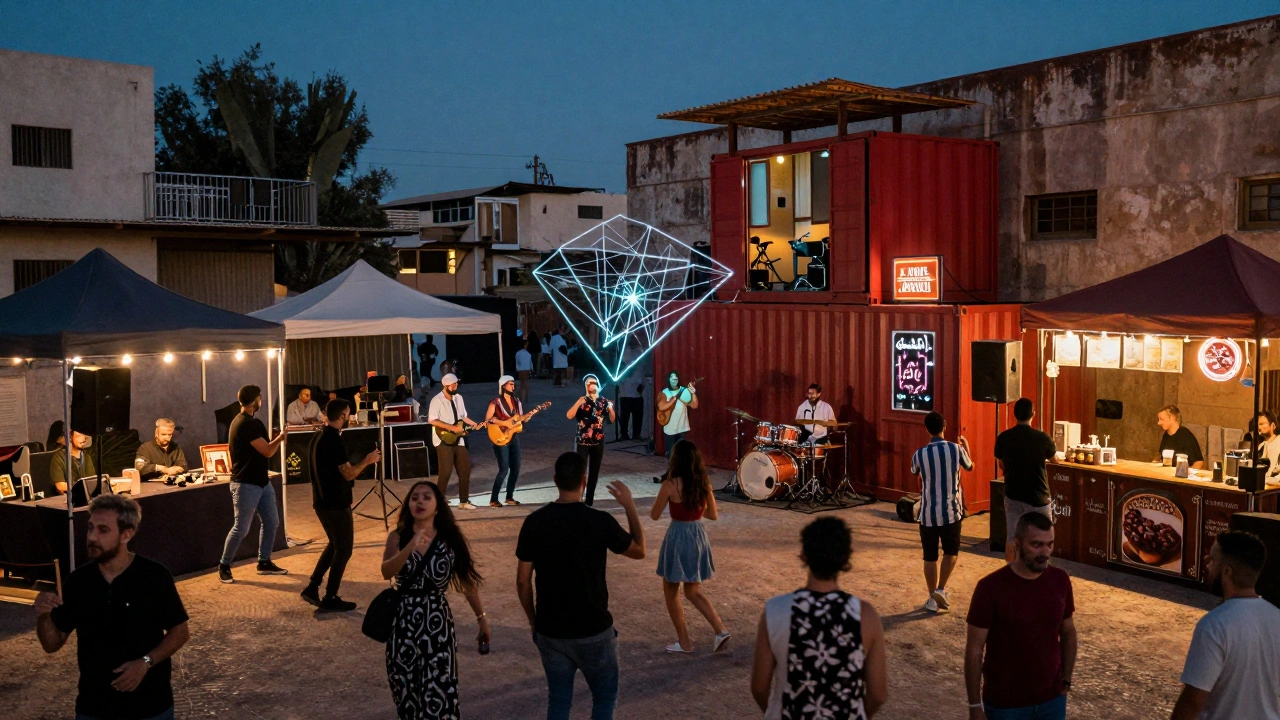 Vibrant outdoor music event in a warehouse district with diverse crowd and pop-up stages.
