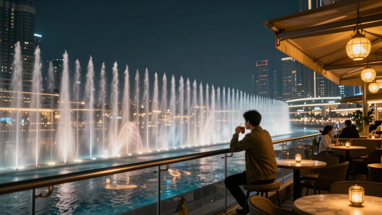 View from Dubai Mall's 12th floor showing the fountain below at night, a person drinking by the glass railing as water dances in rhythmic patterns.