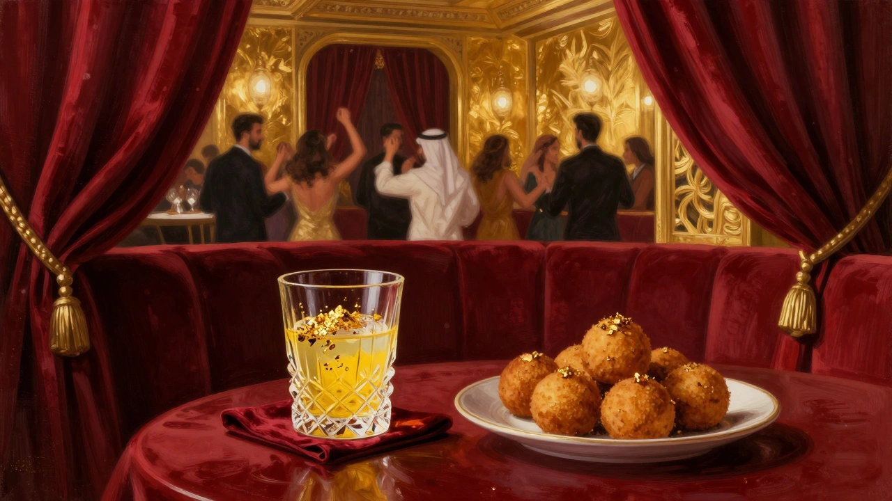 VIP booth at Cavalli Club with gold-flaked cocktail and truffle arancini, surrounded by luxury decor.