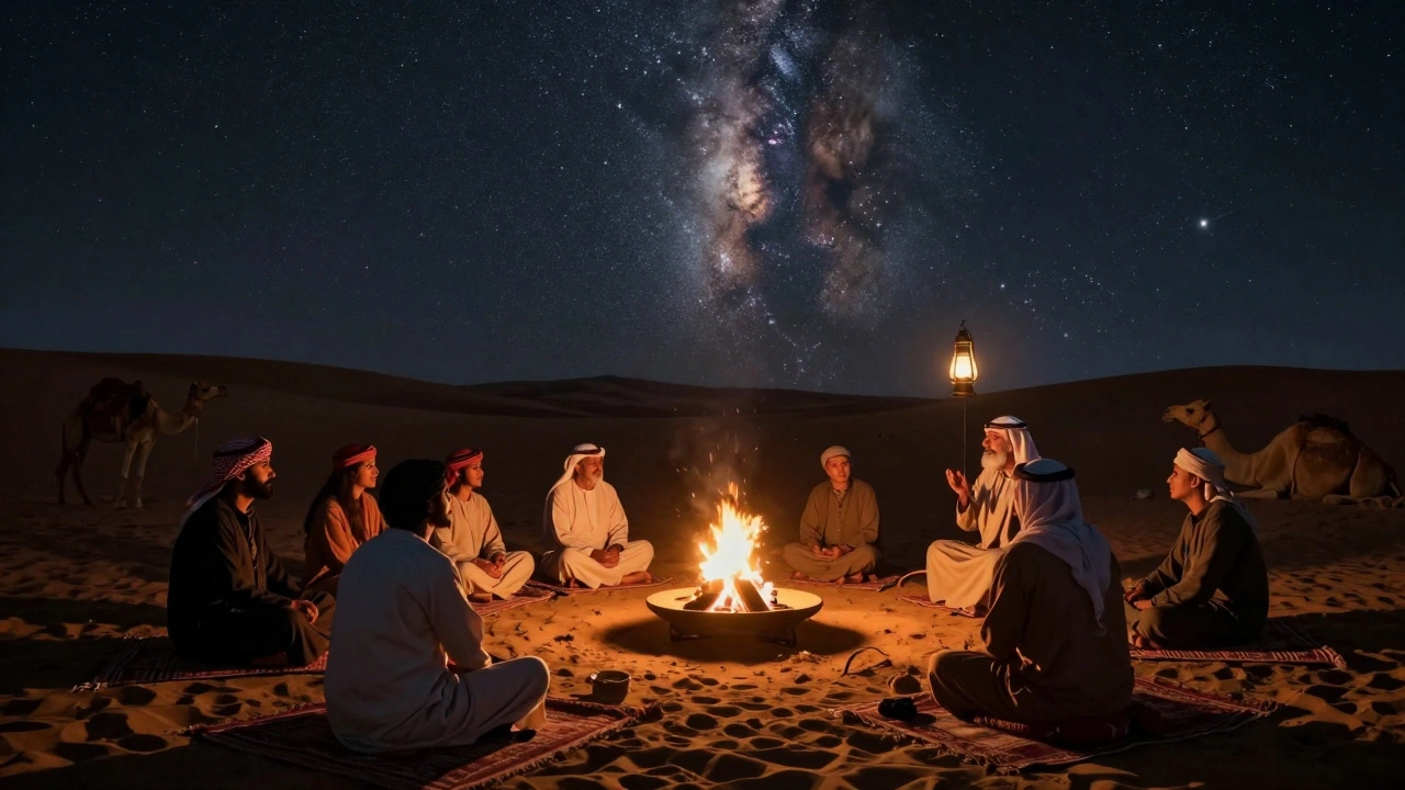 A Bedouin storyteller under a starlit desert sky, sharing tales by a firepit with listeners seated nearby.