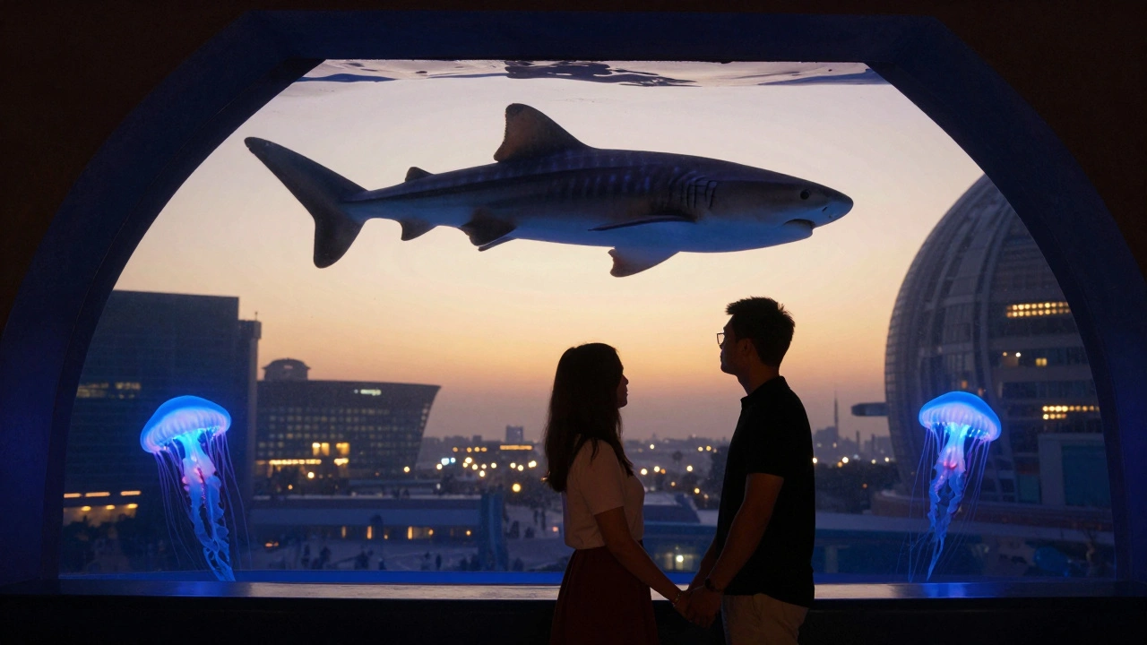 A couple holds hands in the Dubai Aquarium at dusk, glowing jellyfish and slow-moving sharks illuminating the scene.