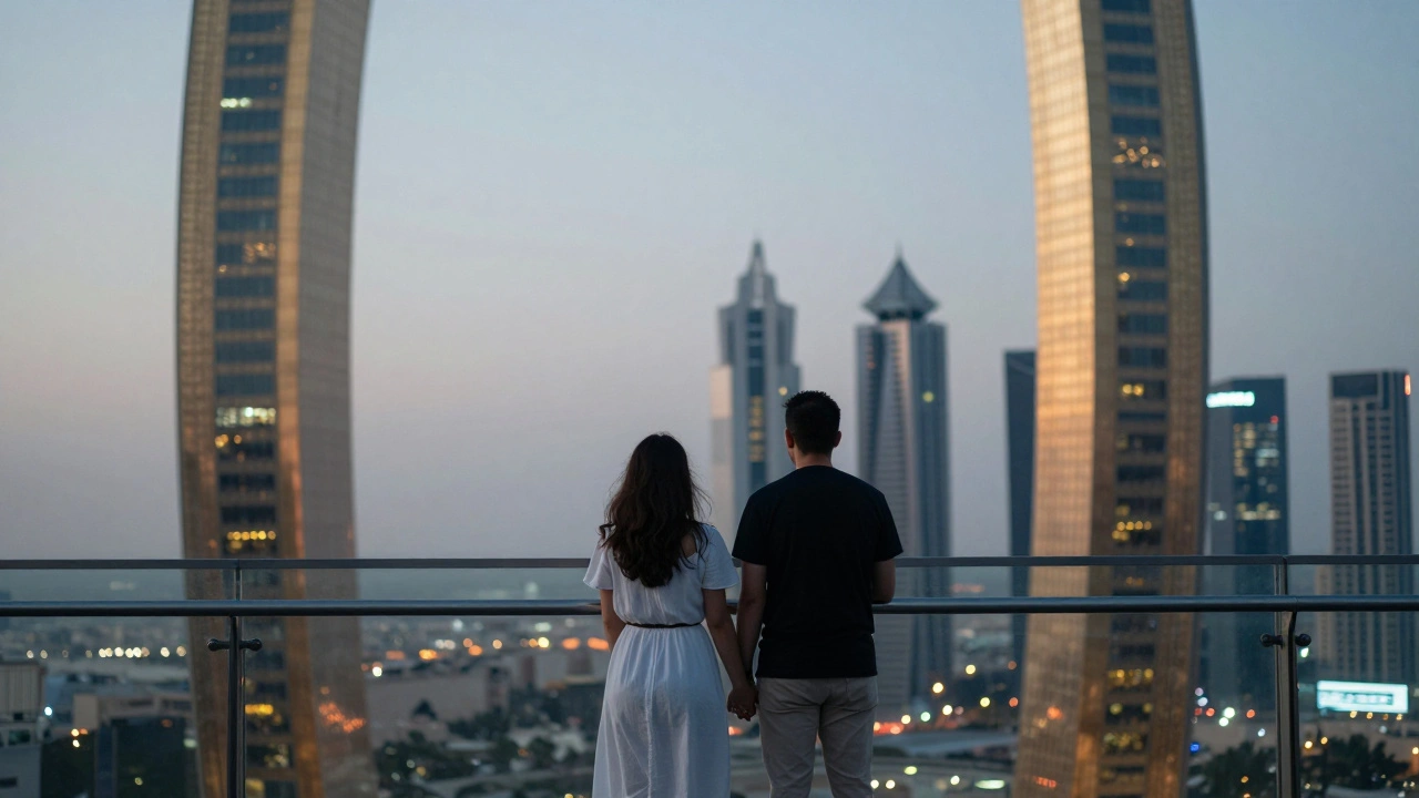 A couple on the Dubai Frame's glass skywalk, framed by old and new Dubai skylines at dusk.