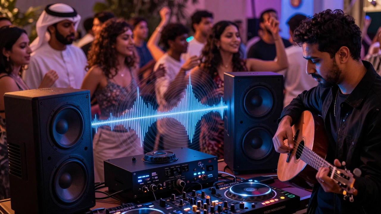 A diverse crowd dancing as a DJ blends oud melodies with deep house beats in a high-tech sound environment.