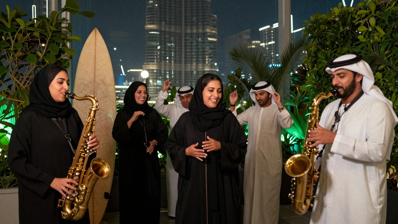 A diverse group of people dancing together under ambient lights, blending cultures in a vibrant nightclub.