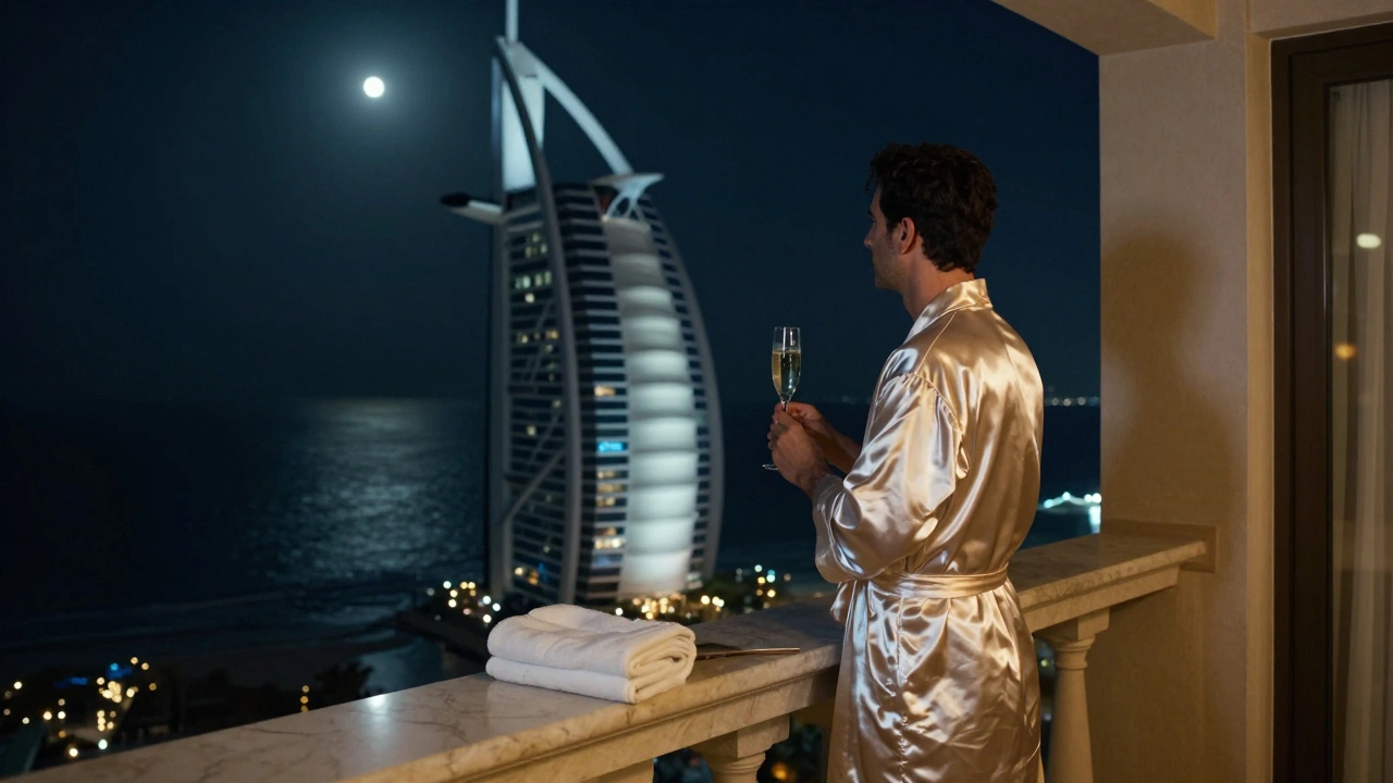 A lone figure on a private balcony at midnight overlooking Dubai's city lights with ocean in the distance.
