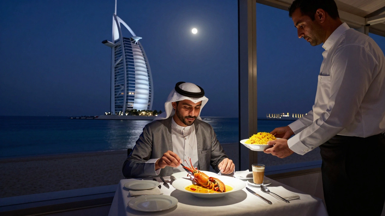 A luxurious private dining experience at Burj Al Arab at 3 a.m., with seafood and Arabian coffee overlooking the Gulf.