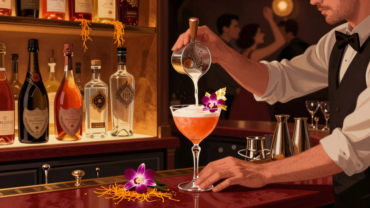 A luxury cocktail being prepared at Cavalli Club’s bar with edible orchid and gold leaf garnish.