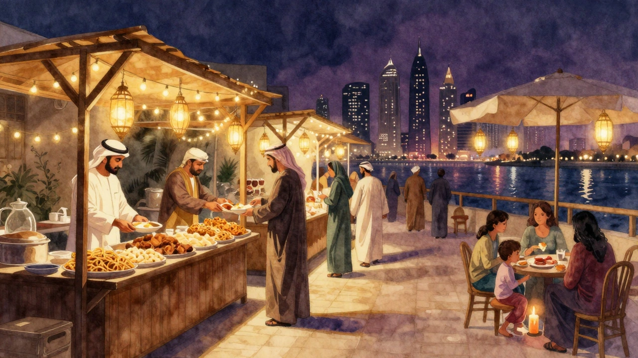 A magical night market at Al Seef with lanterns, vendors serving traditional Emirati desserts to diverse patrons.
