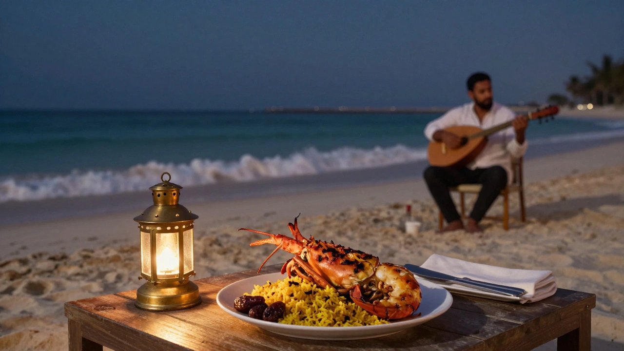 A private beach dinner for two with lantern light, ocean waves, and an oud player in the distance.