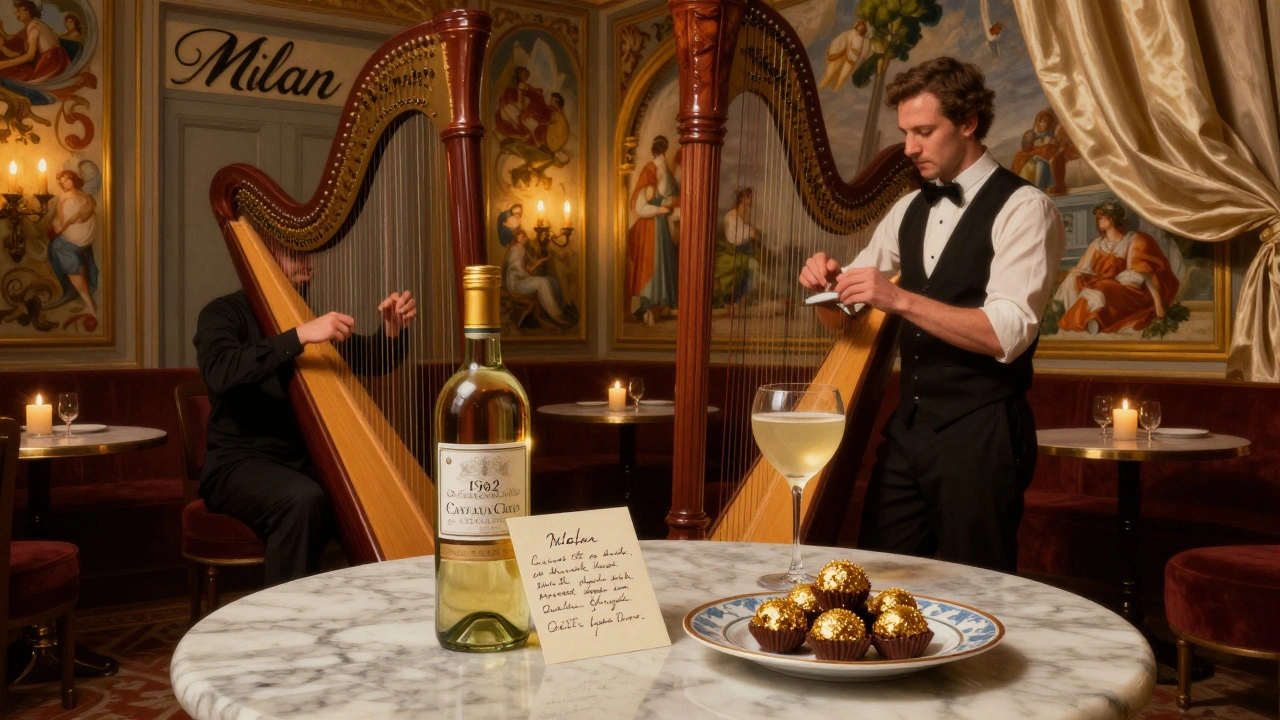 A private Milan lounge with a mixologist, harpist, and gold-dusted truffles under candlelight.