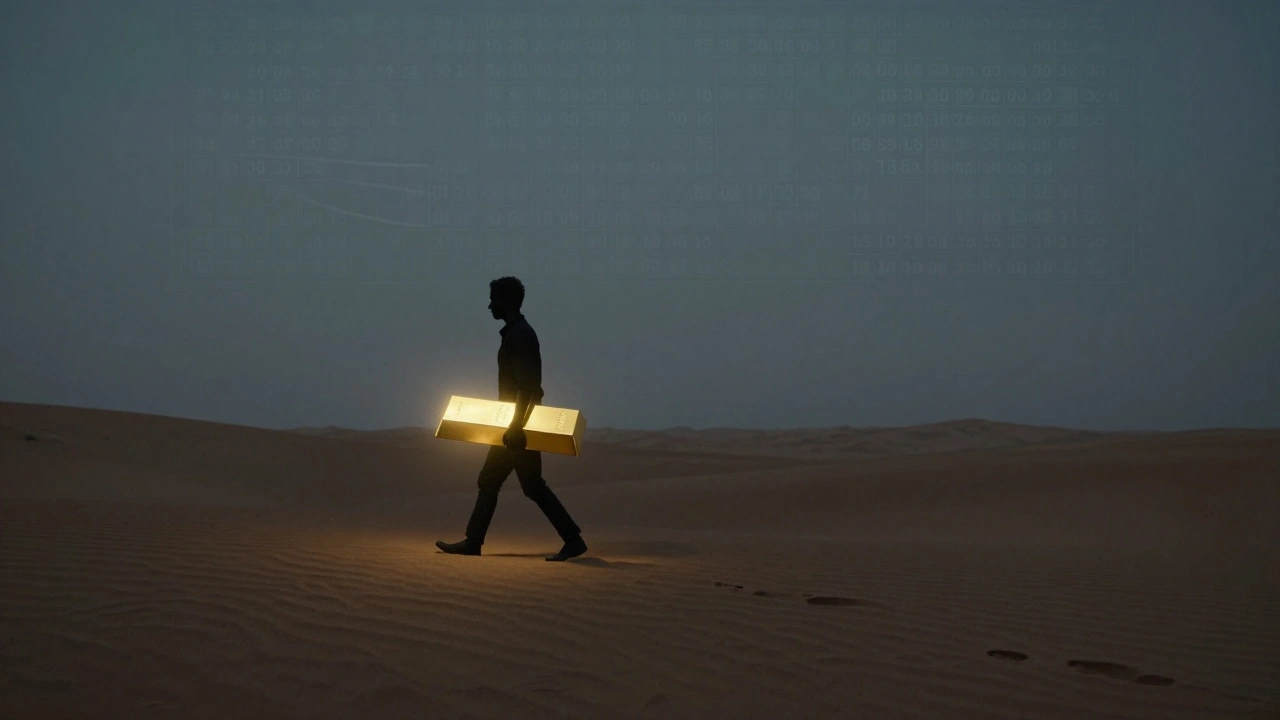 A silhouette walks across a desert carrying a glowing gold bar, leaving no footprints, symbolizing untraceable wealth.