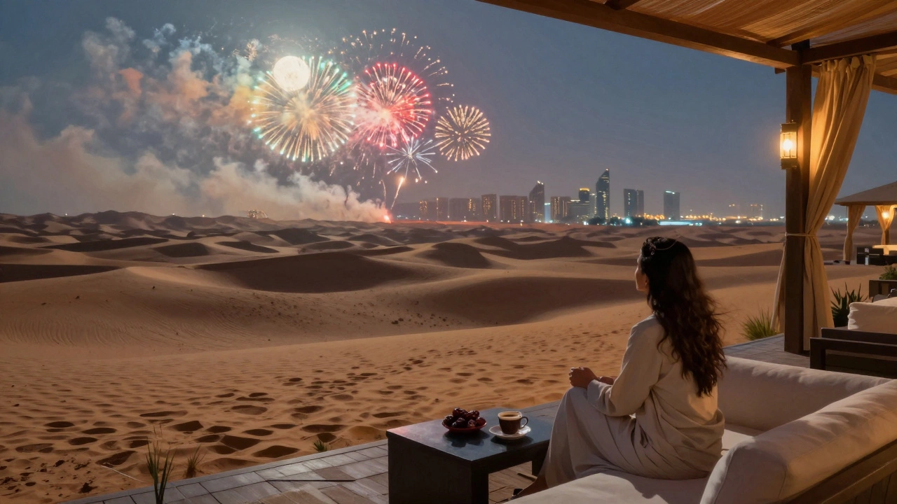 A solitary figure enjoys fireworks over desert dunes from a quiet rooftop lounge at night.