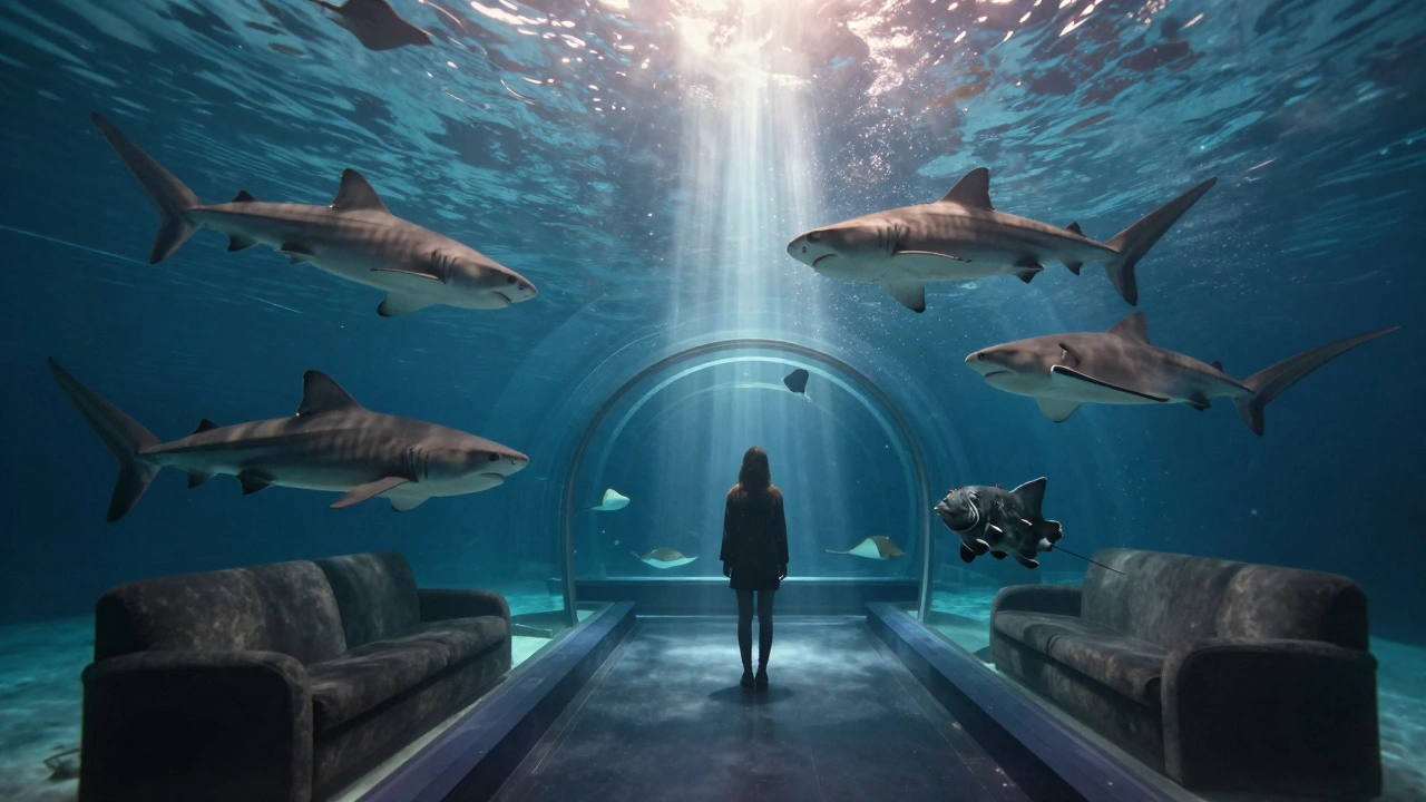 A solitary figure in an underwater tunnel is surrounded by ancient sea creatures, bathed in a divine beam of light.