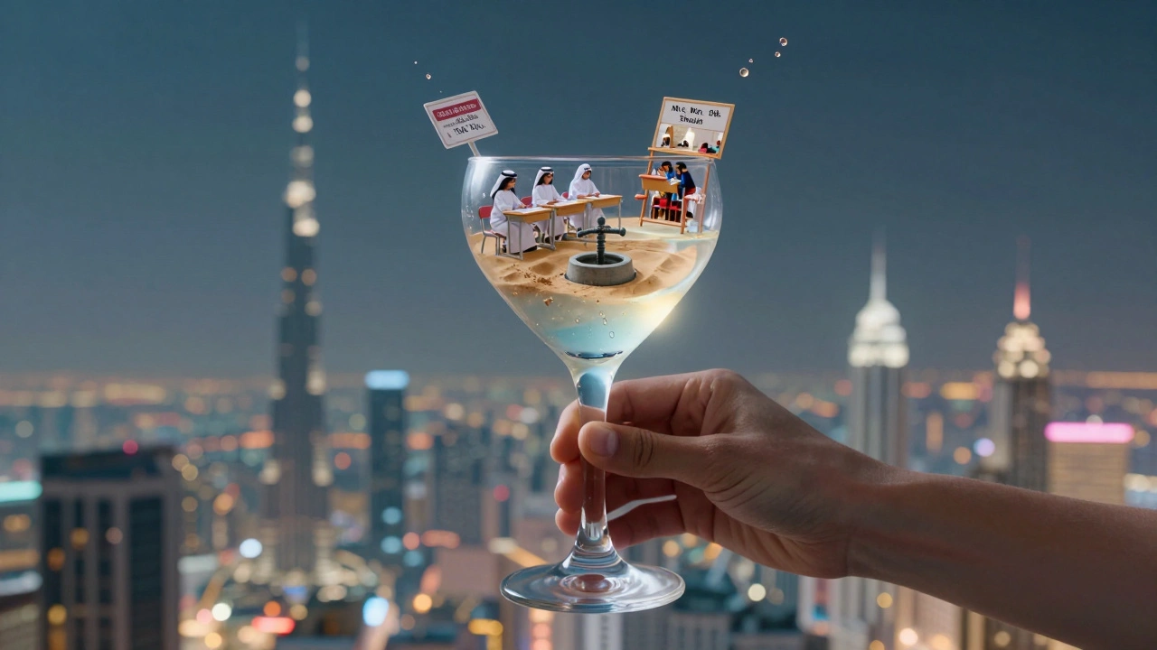A transparent cocktail glass hovering over Dubai’s skyline, containing miniature scenes of charitable impact like classrooms and water wells.