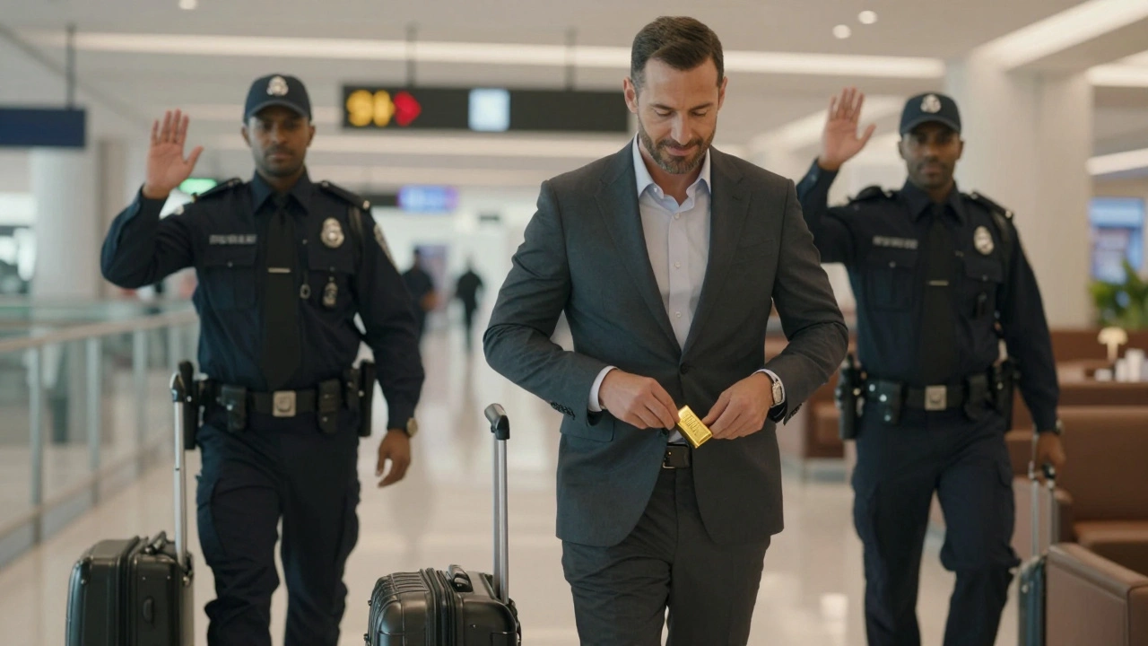 A traveler discreetly carrying gold in a belt pouch as he passes through Dubai Airport's VIP lounge.
