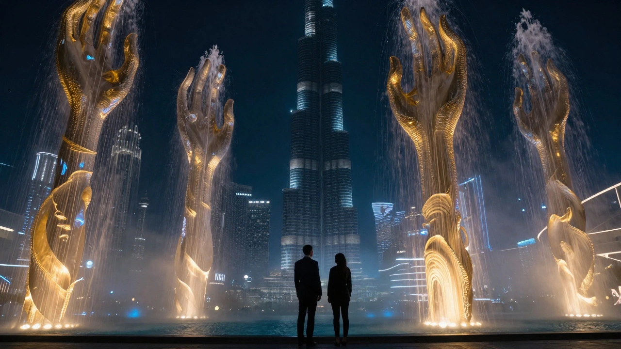 Abstract water columns glow in gold and blue light, forming fluid shapes against a dark sky with distant city silhouettes.