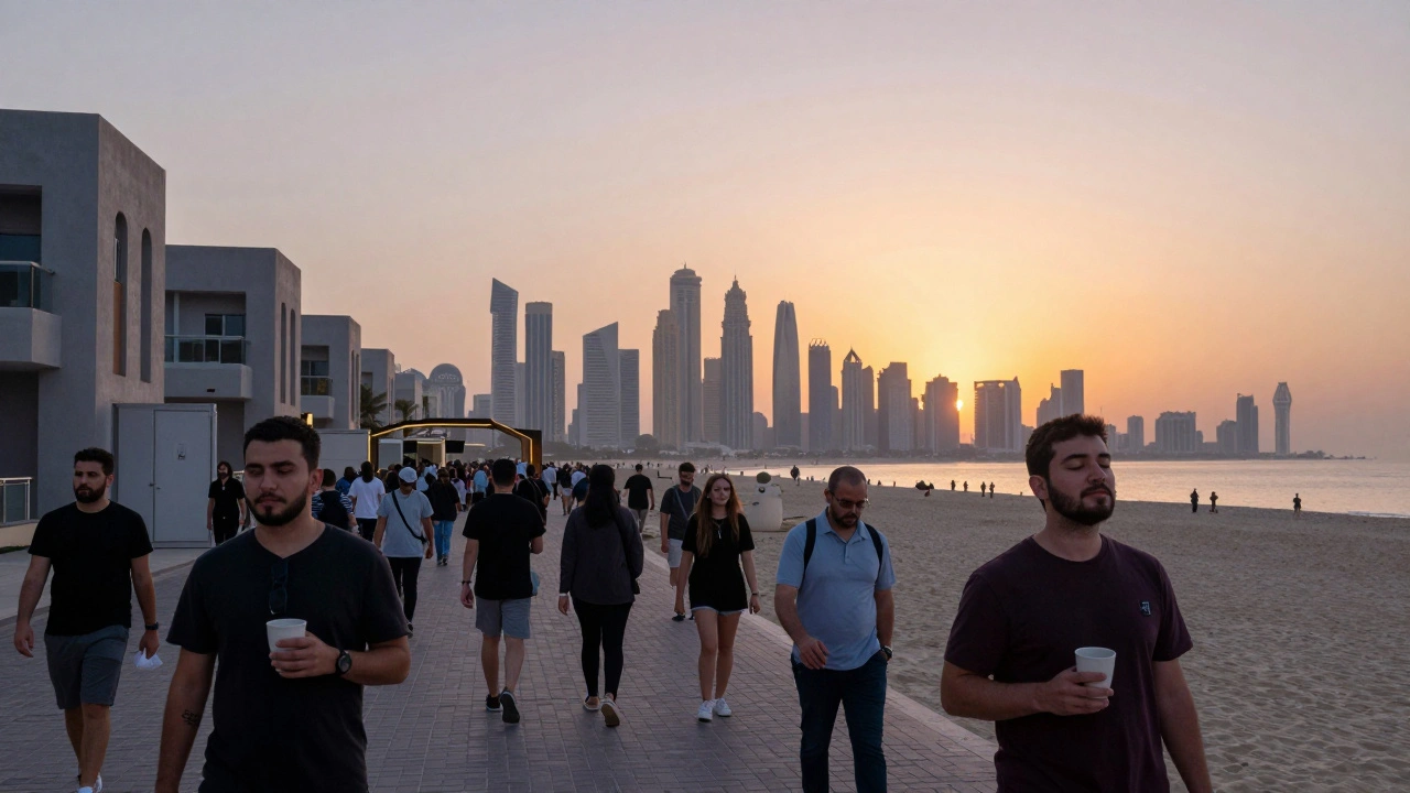 Crowd dispersing at dawn after BASE Dubai, walking toward art cafes and beach as sunrise glows over Dubai.