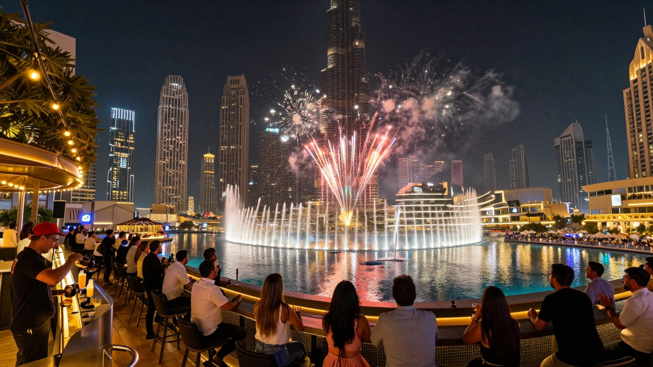 Crowd on a rooftop terrace viewing colorful fireworks reflecting off Dubai Fountain and skyscrapers.