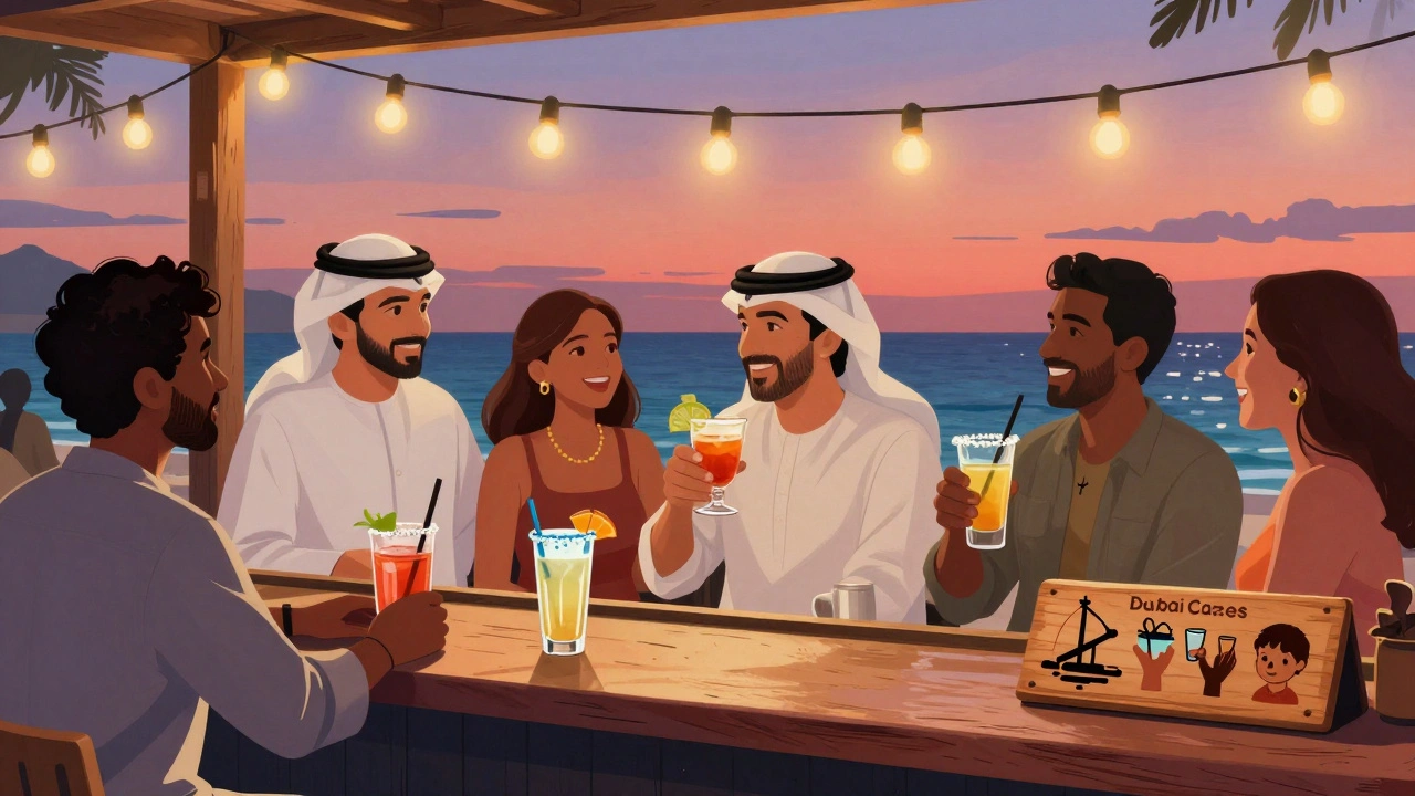 Diverse guests enjoying tequila cocktails at a beachside bar in Dubai, with symbols of clean water projects displayed on the counter.