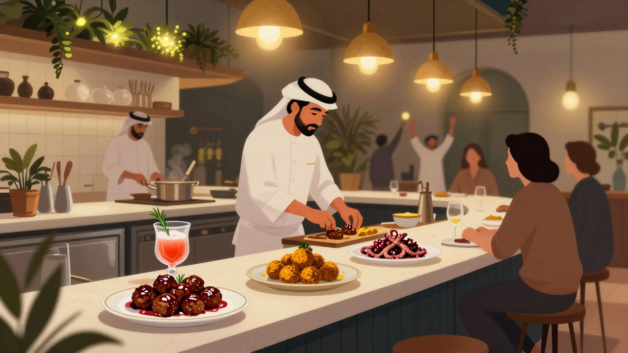 Emirati chefs preparing gourmet midnight bites at an open kitchen counter with signature cocktails.