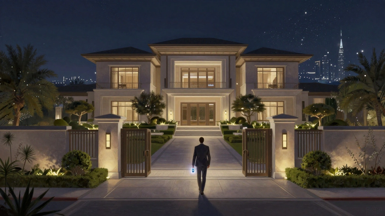 Exclusive villa in Emirates Hills at night with security gate and glowing keycard, skyline in distance.