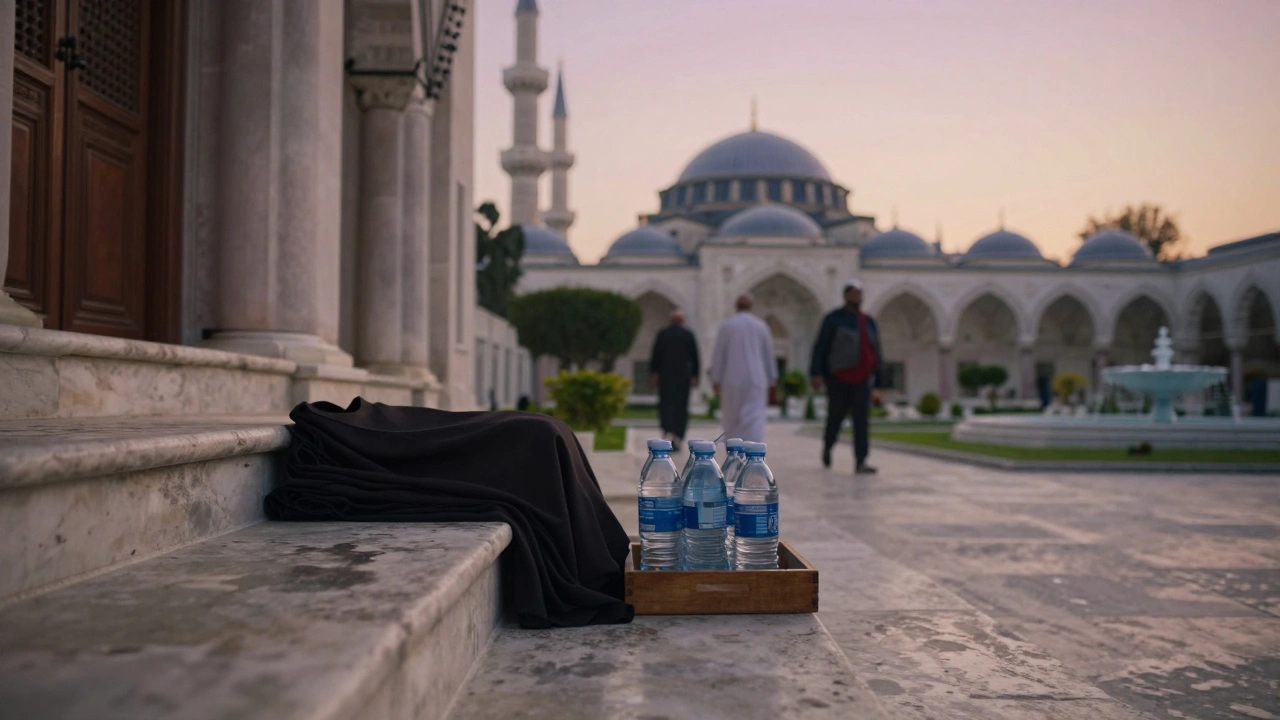 Folded abayas and thobes beside water bottles at the mosque entrance, with garden path and fountain in the background.