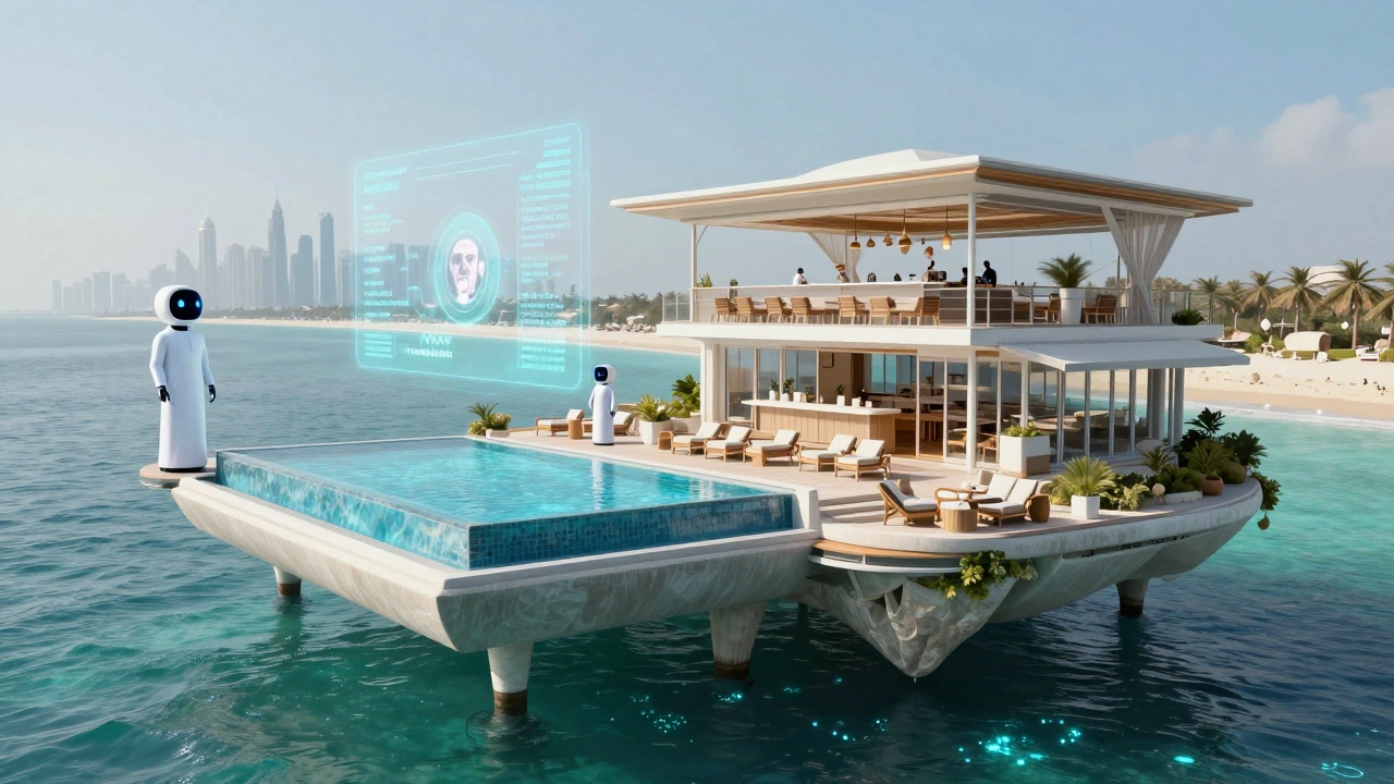 Futuristic floating island beach club with infinity pool, glass cabins, and AI bots overlooking the Arabian Gulf at twilight.