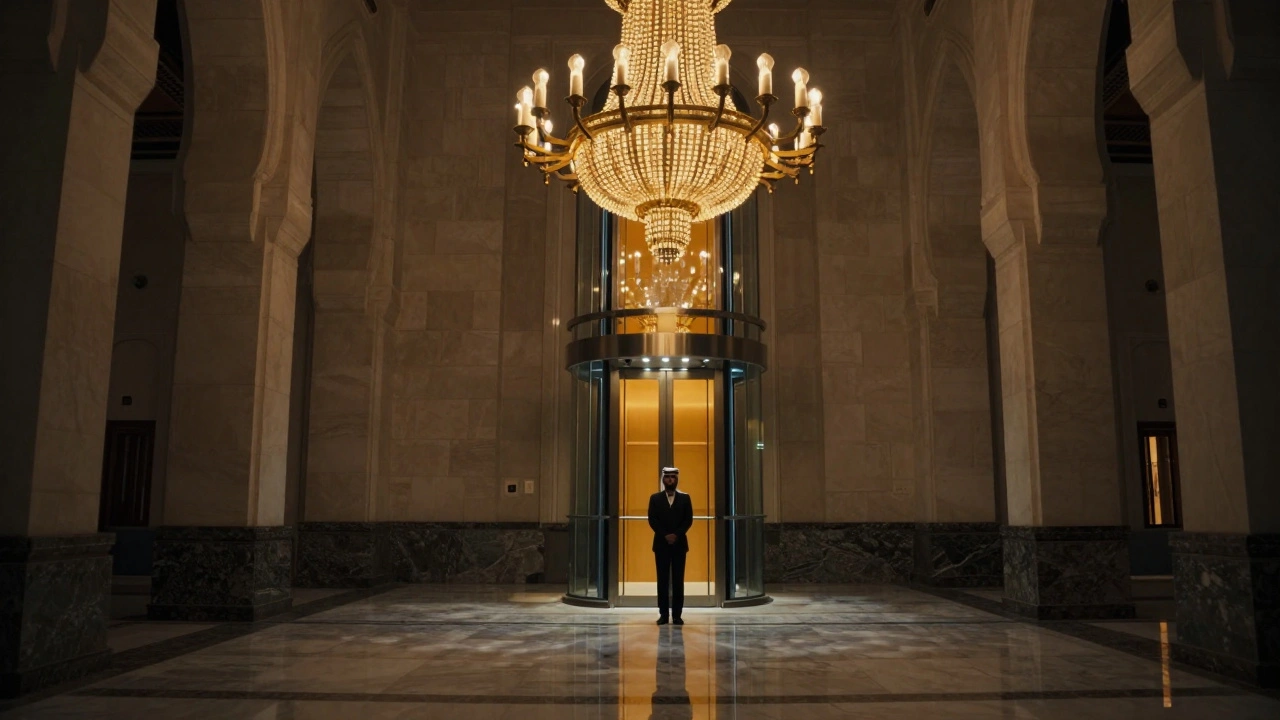 Grand atrium of Burj Al Arab with a golden chandelier and a butler standing beside a glowing glass elevator.
