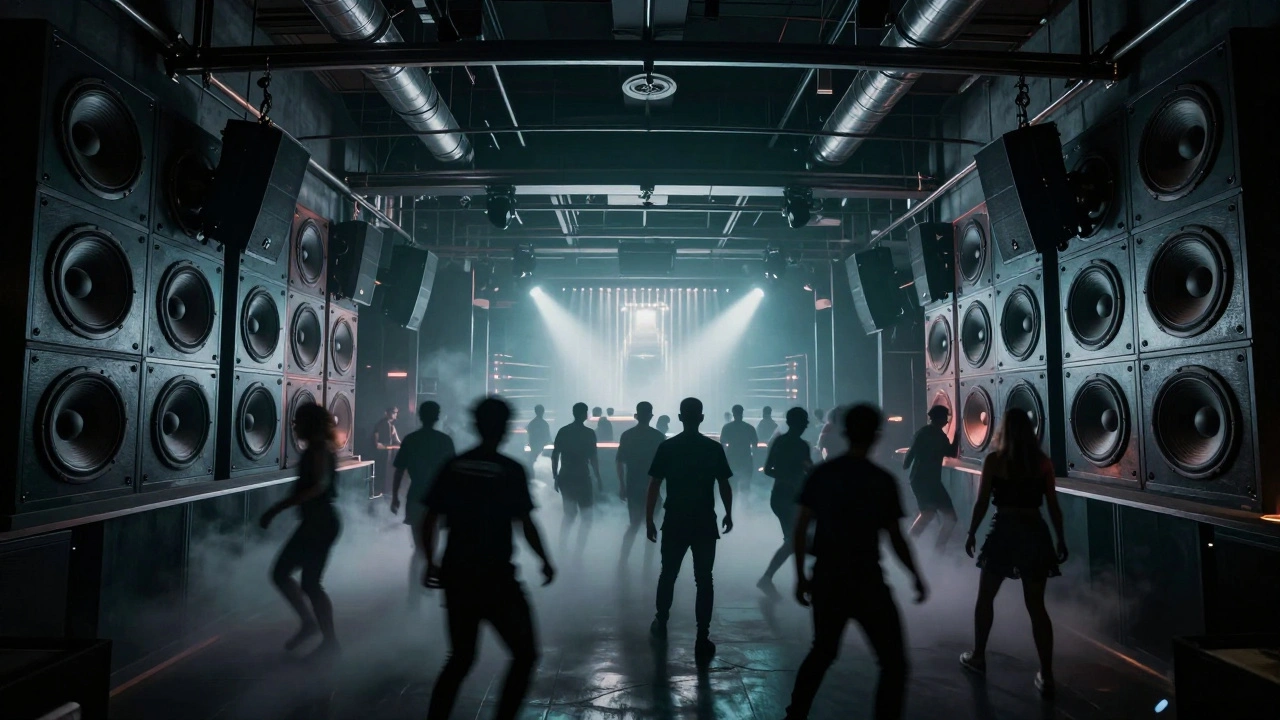 Interior of BASE Dubai nightclub with dark-clothed dancers under deep techno lights and massive speaker systems.
