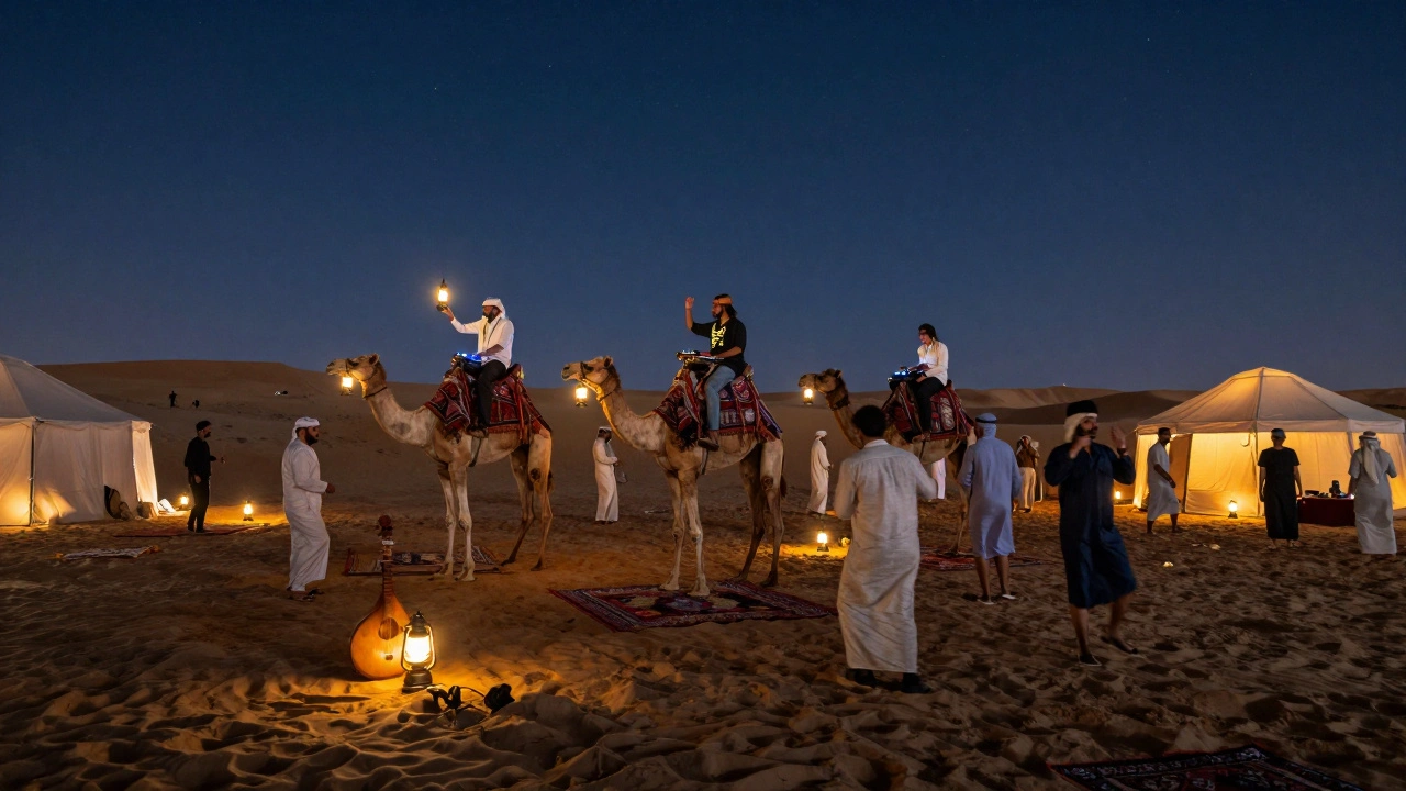 Midnight desert rave in Dubai with camels, lanterns, and people dancing under starry skies.