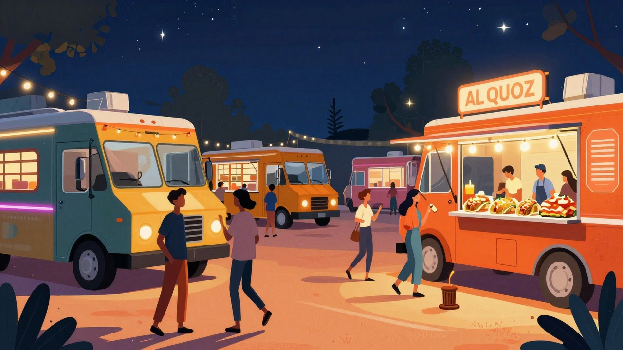 People enjoying Korean tacos and grilled cheese from food trucks at night.