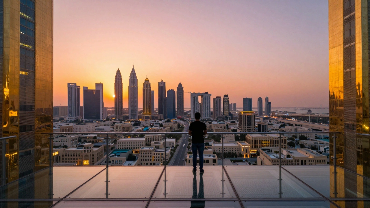 Person on glass walkway overlooking Dubai's old and new cityscapes at sunset