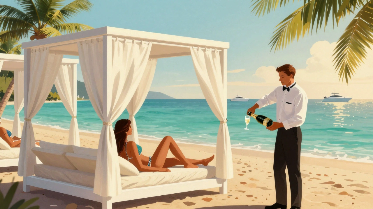 Private cabanas at La Mer beach with butler pouring champagne and turquoise ocean backdrop.