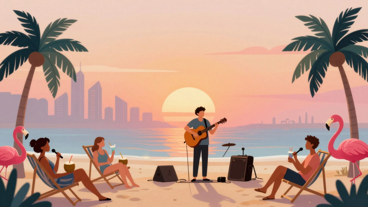 Puro Beach Sunset Sessions with acoustic performance and flamingo decorations.