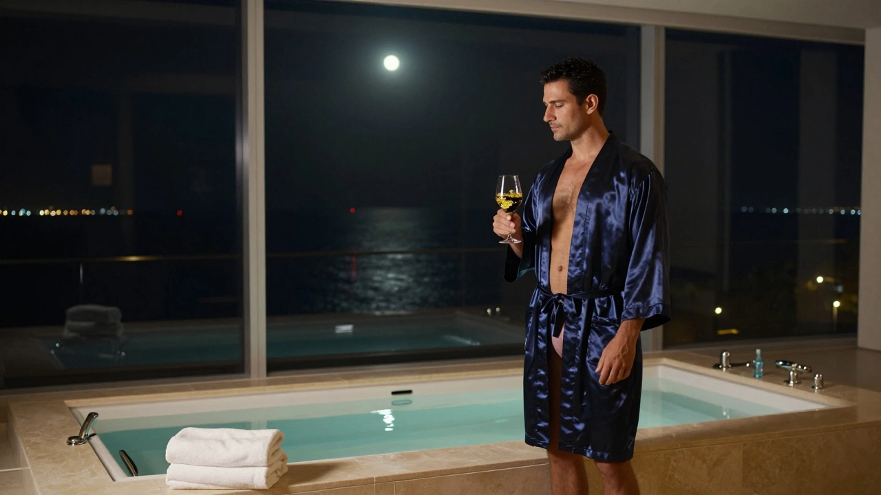 Royal Suite at night: man in robe by ocean-view jacuzzi holding champagne, moonlight streaming through windows, towels on warmed stone.