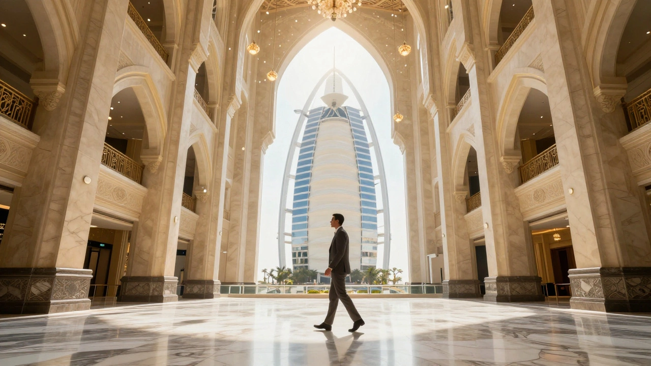 Sunlit atrium of Burj Al Arab with towering glass dome and lone guest walking on marble floor, beams of light illuminating the space.