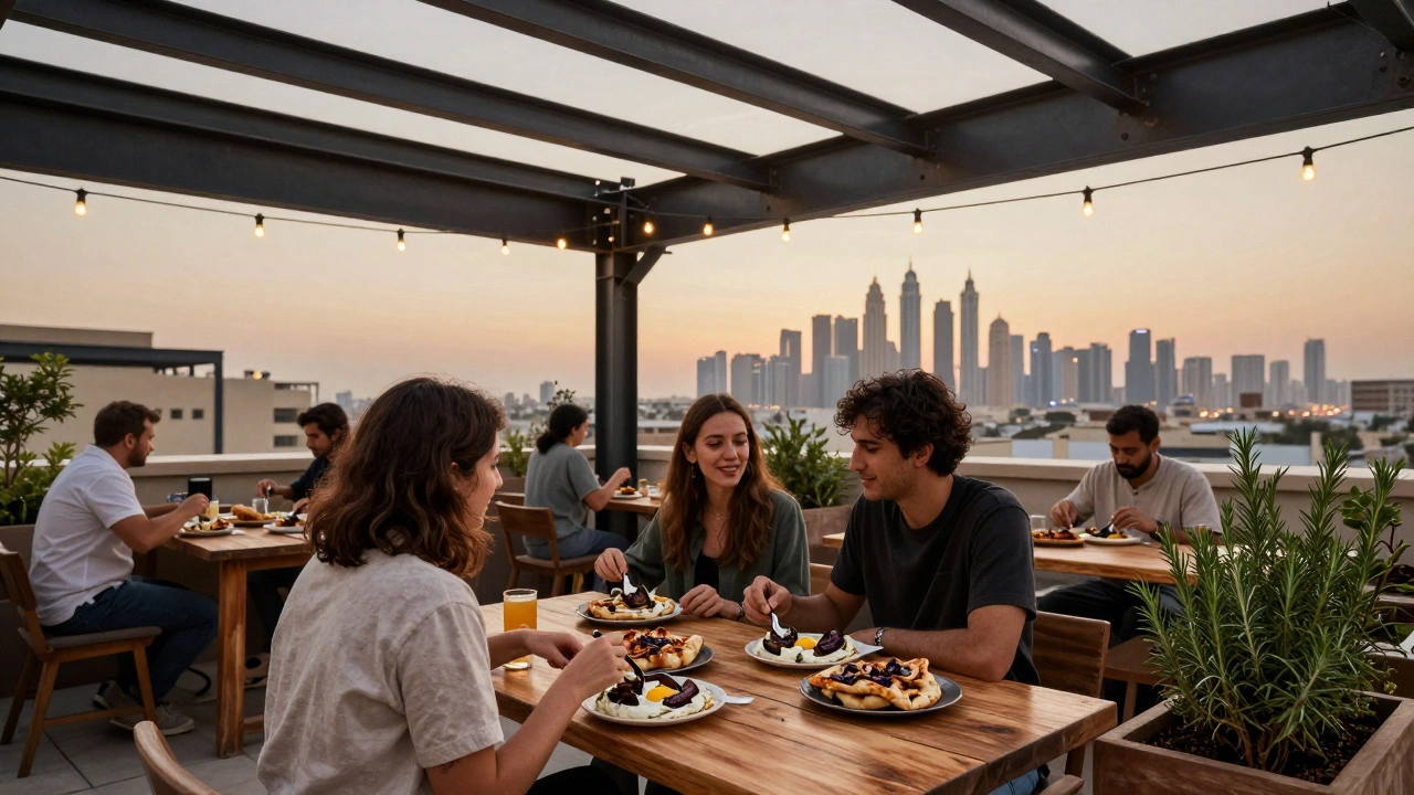 The Penthouse rooftop with communal tables, guests sharing grilled flatbreads under string lights and industrial design.