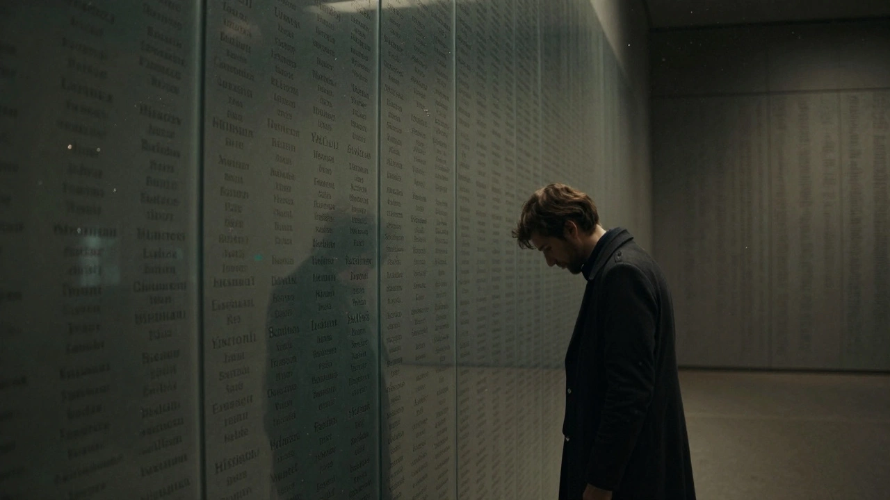 Thousands of engraved names cover glass panels in Yad Vashem's Hall of Names, with a quiet visitor reflecting in the surface.