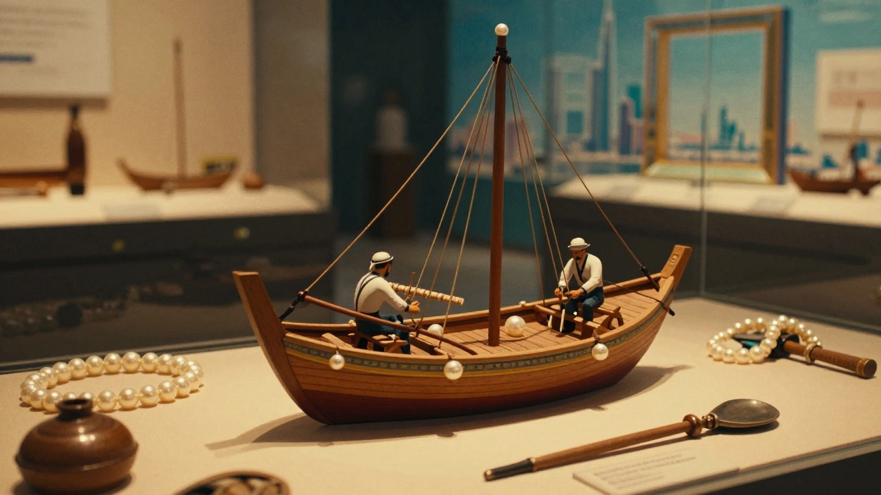 Traditional pearling boat exhibit inside Dubai Frame museum