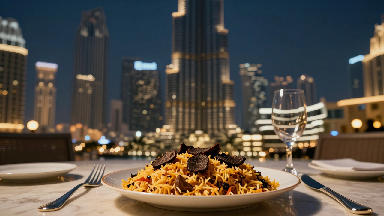 Upscale rooftop restaurant with Burj Khalifa view and truffle biryani.