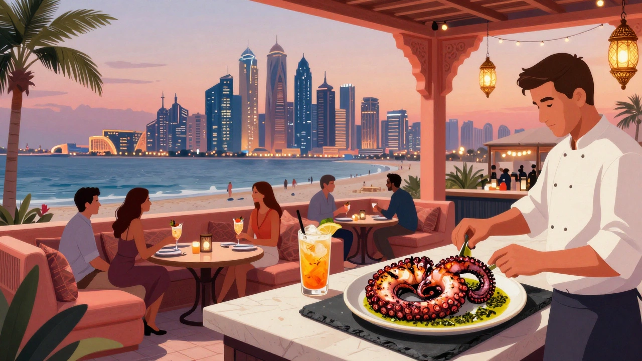 Zeta Seven rooftop with lanterns and sofas, guests sipping cocktails as Dubai Marina sparkles in the distance.