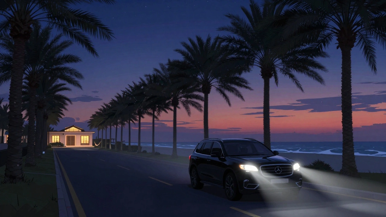A black SUV drives down a misty Palm Jumeirah road at night, heading toward a hidden villa with no sign, under a deep purple twilight sky.