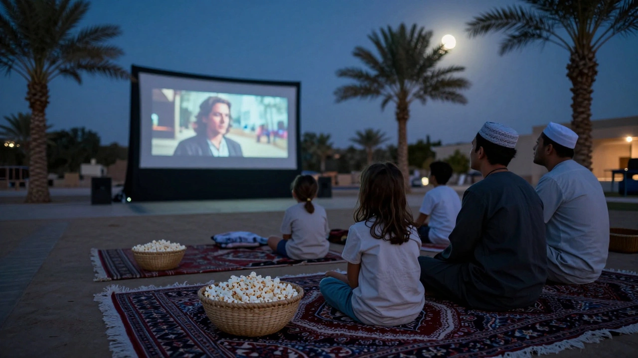 A couple watching a movie under the stars at Al Fayah Park's Moonlight Cinema, seated on Persian rugs.