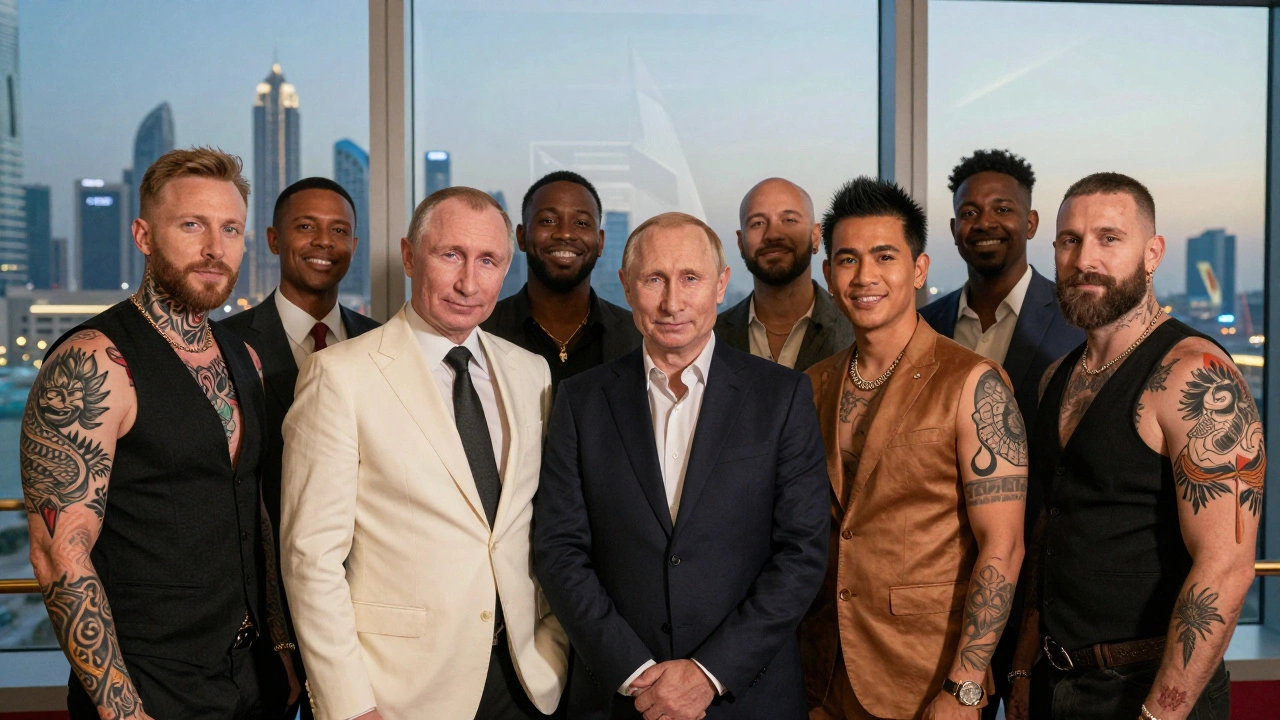 A diverse group of tattooed travelers boarding Emirates together, their body art clearly visible under stylish clothing.