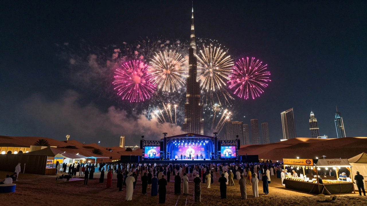 A large outdoor music festival at Dubai Festival City with fireworks lighting up the sky behind Burj Khalifa.