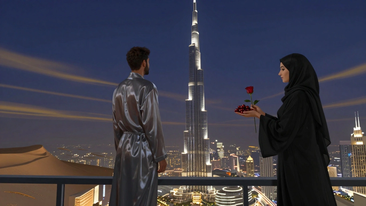 A man in silk robe views Dubai's skyline transformed into a luminous female form, while a silent woman offers a rose under a starlit desert sky.