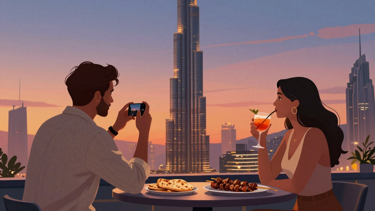 A person capturing the Burj Khalifa sunset from 360 Lounge with Middle Eastern snacks on the table.